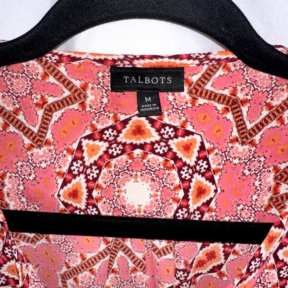 Talbots Womens Size Medium Pink White Geometric Boho Chiffon Long Sleeve Blouse - Picture 2 of 9